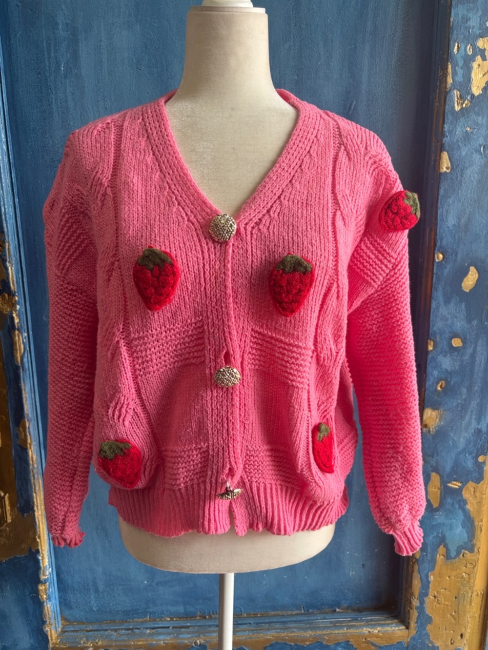 Pink Strawberry Appliqué V-Neck Sweater Cardigan
